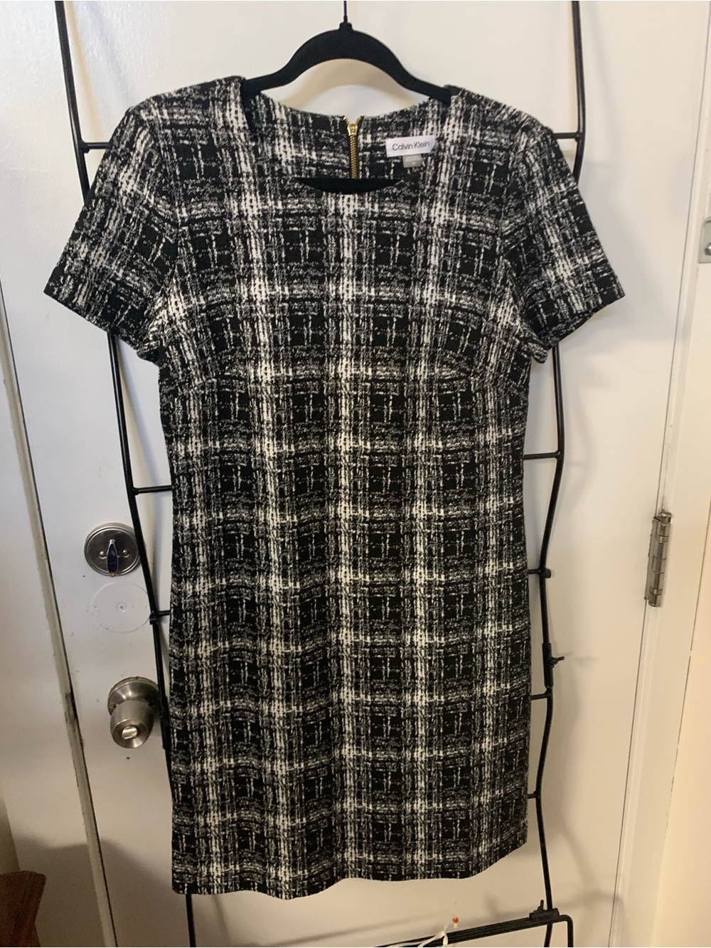 Calvin Klein Black and White Plaid Short-Sleeve Shift Dress